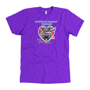 a purple OMG You're Home t-shirt featuring the Emotional Support Human for my Black Labrador Retriever design on the front in full color