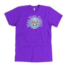 Load image into Gallery viewer, The front view of a men&#39;s purple t-shirt featuring the OMG blue nose pit bull design on the front in full color