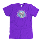 The front view of a men's purple t-shirt featuring the OMG blue nose pit bull design on the front in full color