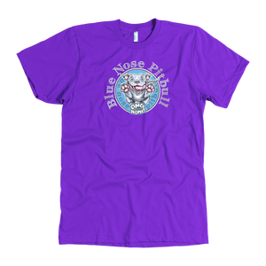 The front view of a men's purple t-shirt featuring the OMG blue nose pit bull design on the front in full color