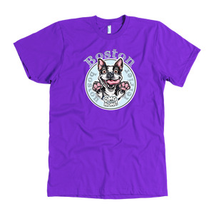 Purple American Apparel dog lover's  t-shirt featuring the Boston Terrier dog design by OMG You're Home