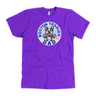A men's purple t-shirt featuring the original OMG You're Home Boston Terrier dog design on the front