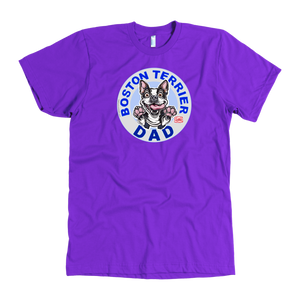 A men's purple t-shirt featuring the original OMG You're Home Boston Terrier dog design on the front