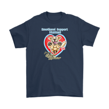 Load image into Gallery viewer, a navy blue Gildan Mens T-Shirt featuring the OMG You&#39;re Home Golden Retriever dog design with Emotional Support Human above the dog. 