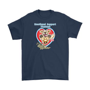 a navy blue Gildan Mens T-Shirt featuring the OMG You're Home Golden Retriever dog design with Emotional Support Human above the dog. 