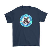 Load image into Gallery viewer, Front view of a navy blue Gildan t-shirt with the OMG Boston Terrier dog design with Welcome Home! on the front center  in full color