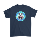 Front view of a navy blue Gildan t-shirt with the OMG Boston Terrier dog design with Welcome Home! on the front center  in full color