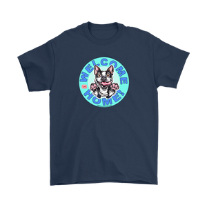 Front view of a navy blue Gildan t-shirt with the OMG Boston Terrier dog design with Welcome Home! on the front center  in full color