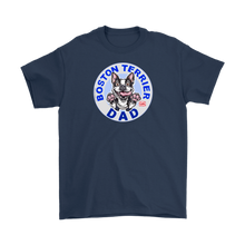 Load image into Gallery viewer, a men&#39;s navy blue t-shirt featuring the Boston Terrier dog dad design on the front