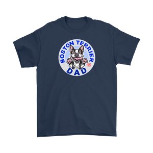 a men's navy blue t-shirt featuring the Boston Terrier dog dad design on the front