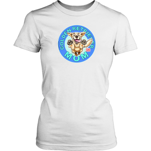 A womens white dog lovers shirt by District featuring the original Golden Retriever dog artwork on the front