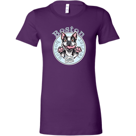 a woman's purple shirt with a Boston Terrier dog design by OMG You're Home