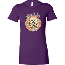 Load image into Gallery viewer, a womans purple tshirt with a yorkshire terrier dog drawing on the front