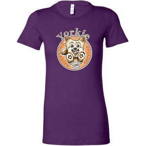 a womans purple tshirt with a yorkshire terrier dog drawing on the front