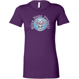 a women's purple shirt with the Blue Nose pitbull design on the front