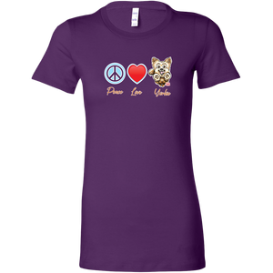 purple Bella Womens Shirt featuring the Peace Love Yorkie dog design from OMG You're HOME!