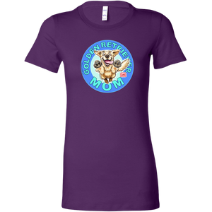 A women's purple t-shirt featuring the OMG You're Home! Golden Retriever artwork 