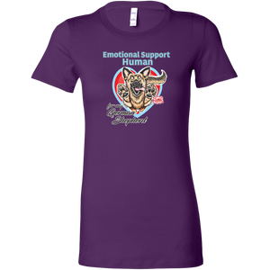 a womens purple shirt featuring the original German Shepherd dog artwork by OMG You're HOME! The text "Emotional Support Human" appears above the design in light blue letters. 