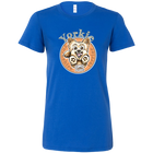 a womans royal blue tshirt with a yorkshire terrier dog drawing on the front