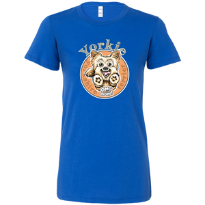 a womans royal blue tshirt with a yorkshire terrier dog drawing on the front