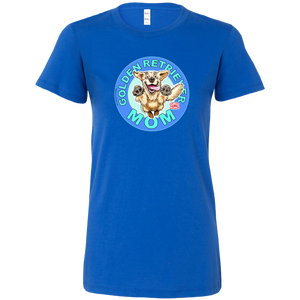 A women's royal blue t-shirt featuring the OMG You're Home! Golden Retriever artwork 