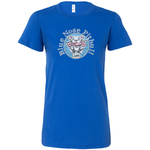 a women's royal blue shirt with the Blue Nose pitbull design on the front