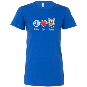 Royal blue Bella Womens Shirt featuring the Peace Love Yorkie dog design from OMG You're HOME!