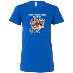 a womens royal blue shirt featuring the original German Shepherd dog artwork by OMG You're HOME! The text "Emotional Support Human" appears above the design in light blue letters. 