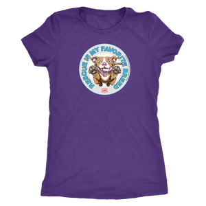 front view of a women's purple triblend shirt featuring original Red Nose Pitbull rescue artwork by OMG You're HOME!