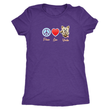 Load image into Gallery viewer, purple Next Level Triblend Shirt featuring the Peace Love Yorkie dog design from OMG You&#39;re HOME!