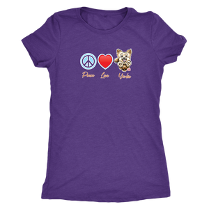 purple Next Level Triblend Shirt featuring the Peace Love Yorkie dog design from OMG You're HOME!