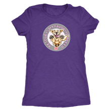 Load image into Gallery viewer, a women&#39;s purple t-shirt featuring the original Golden Retriever dog artwork by OMG You&#39;re Home! This collection is dedicated to those of us who love and support rescues.