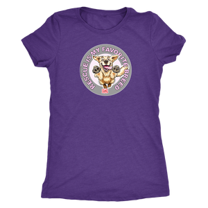 a women's purple t-shirt featuring the original Golden Retriever dog artwork by OMG You're Home! This collection is dedicated to those of us who love and support rescues.