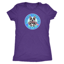 Load image into Gallery viewer, a woman&#39;s purple shirt with the Boston Terrier dog Mom design on the front