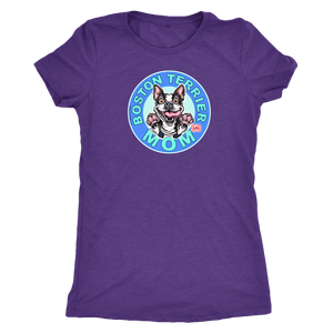 a woman's purple shirt with the Boston Terrier dog Mom design on the front