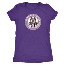 Load image into Gallery viewer, a woman&#39;s purple shirt with the Boston Terrier dog Mom design on the front on pink letters