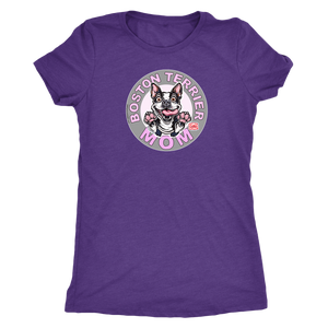 a woman's purple shirt with the Boston Terrier dog Mom design on the front on pink letters