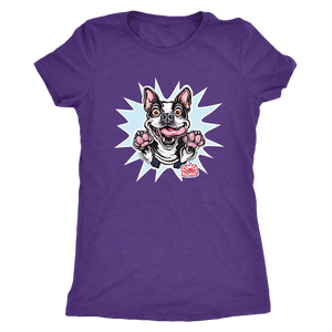 a purple Next Level Womens Triblend featuring the OMG You're Home Boston Terrier dog design in full color on the front. 