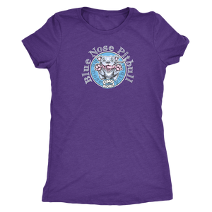 Purple woman's t-shirt featuring the Blue Nose Pitbull dog design from OMG You're Home