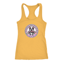 Load image into Gallery viewer, A soft yellow Next Level Racerback Tank featuring the OMG You&#39;re Home Boston Terrier Dog Mom design on the front in full vibrant color. 