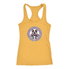 A yellow Next Level Racerback Tank featuring the OMG You're Home! Boston Terrier design with "Rescue is my favorite breed"
