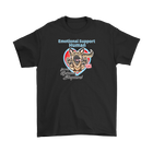 A mens black t-shirt with the OMG You're HOME! German Shepherd dog design on the front