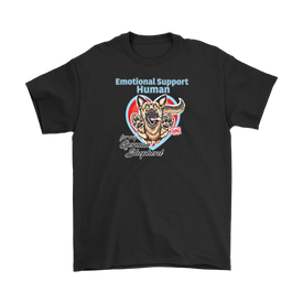 A mens black t-shirt with the OMG You're HOME! German Shepherd dog design on the front