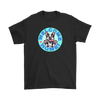 Front view of a black gildan t-shirt with the OMG Boston Terrier dog design with Welcome Home! on the front center  in full color