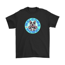 Load image into Gallery viewer, Front view of a black gildan t-shirt with the OMG Boston Terrier dog design with Welcome Home! on the front center  in full color