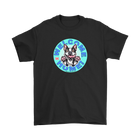 Front view of a black gildan t-shirt with the OMG Boston Terrier dog design with Welcome Home! on the front center  in full color