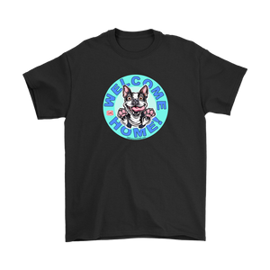 Front view of a black gildan t-shirt with the OMG Boston Terrier dog design with Welcome Home! on the front center  in full color