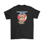 a black Gildan Mens T-Shirt featuring the OMG You're Home Golden Retriever dog design with Emotional Support Human above the dog. 