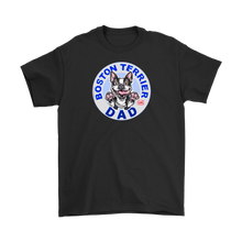 Load image into Gallery viewer, a men&#39;s black t-shirt featuring the Boston Terrier dog dad design on the front