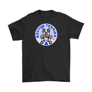 a men's black t-shirt featuring the Boston Terrier dog dad design on the front